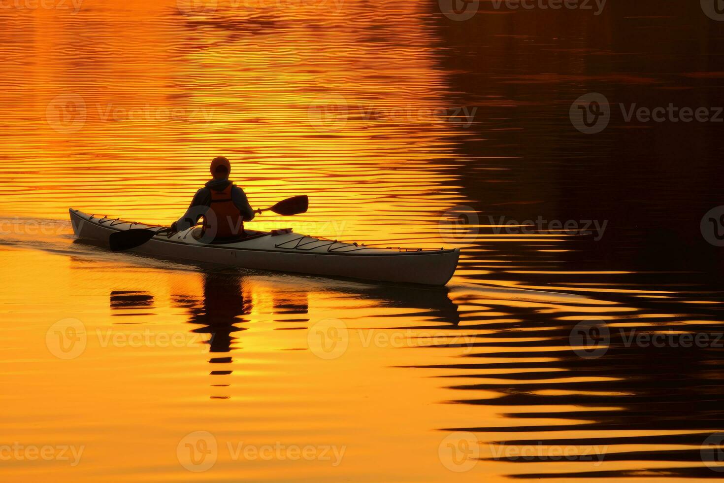 un tranquilo y dorado puesta de sol kayak experiencia. generativo ai foto