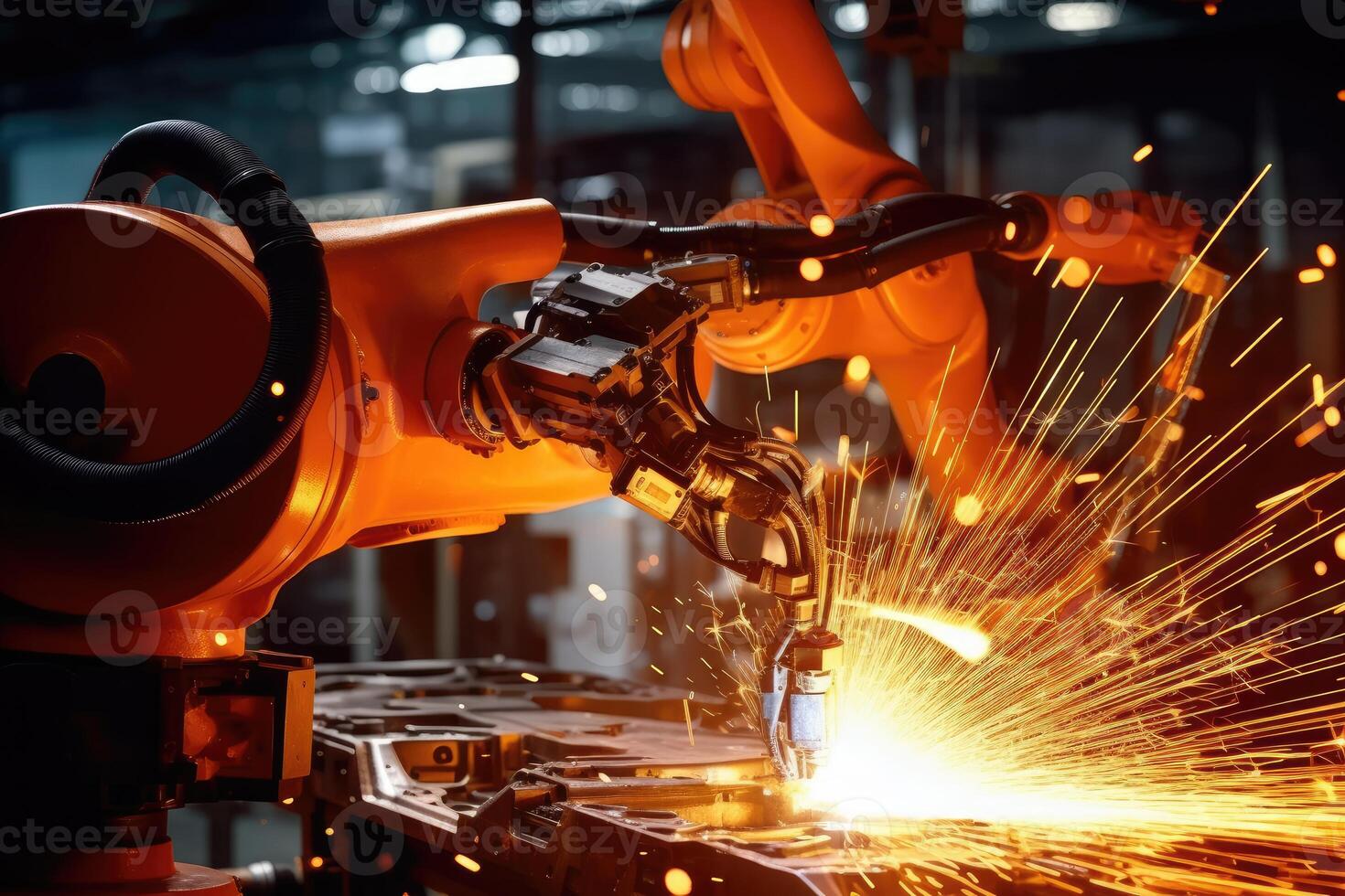 A close - up photo of a state - of - the - art assembly line in a car factory, showcasing the integration of automated robot arms and human workers.