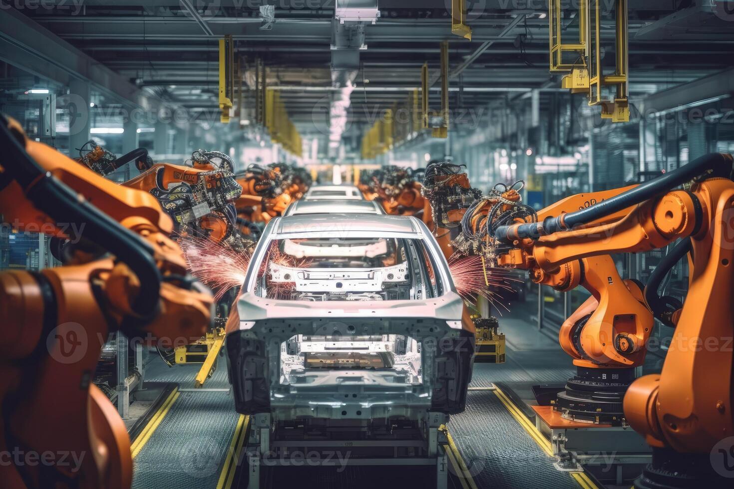A close - up photo of a state - of - the - art assembly line in a car factory, showcasing the integration of automated robot arms and human workers.