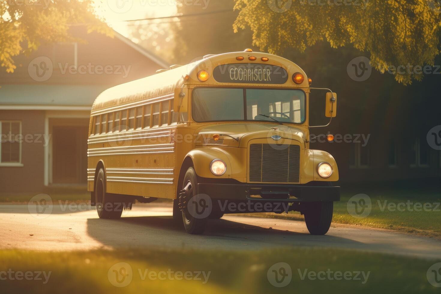 un atmosférico estableciendo Disparo de un colegio autobús en el suave Mañana ligero. generativo ai foto