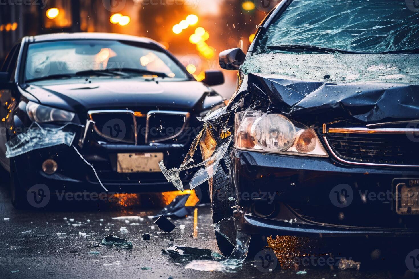 Close - up view of a car accident on a wet road during rain. Generative
