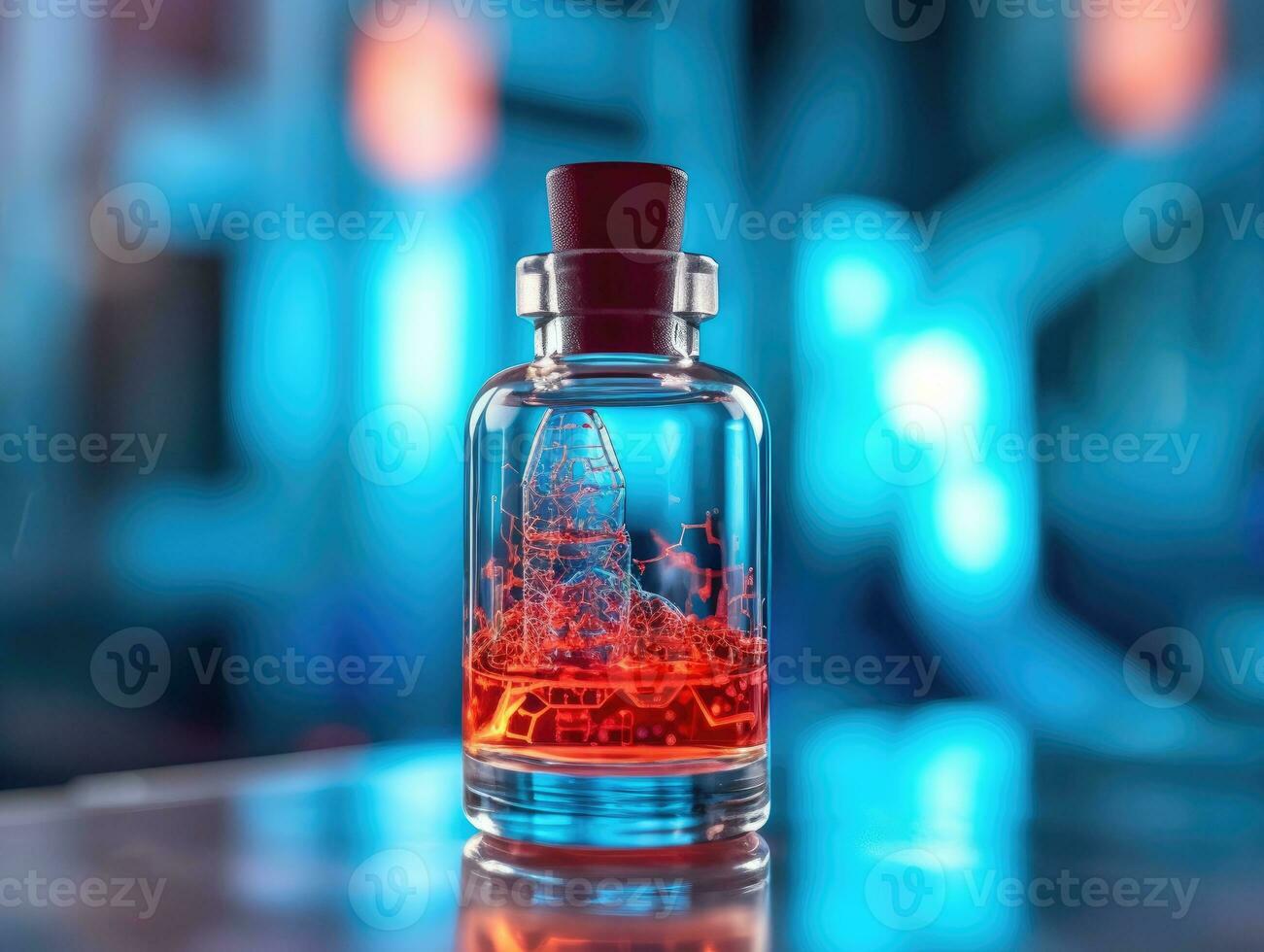 A close - up photo of a blue glass flask vial filled with a bright red chemical solution. Generative AI