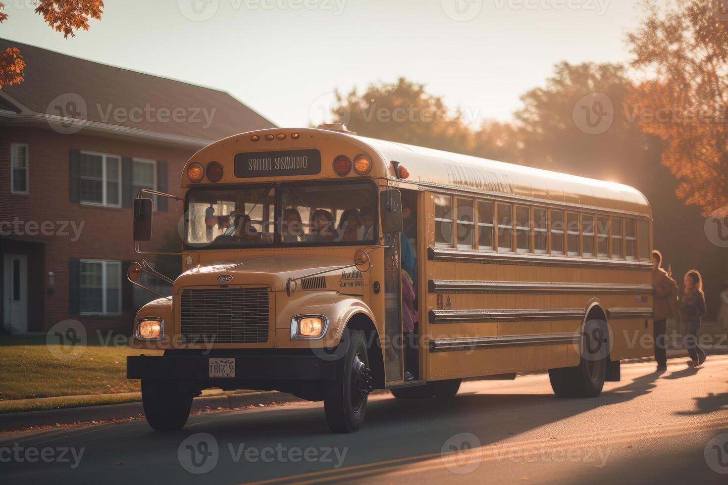 An atmospheric establishing shot of a school bus in the soft morning light. Generative AI photo