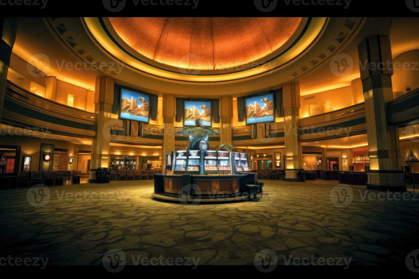 An establishing shot of a bustling movie theater lobby. Generative AI photo