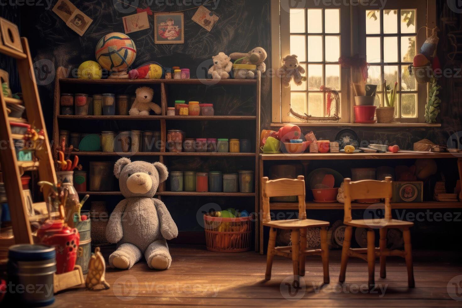 An adorable and atmospheric setting of a kindergarten classroom. Generative AI photo