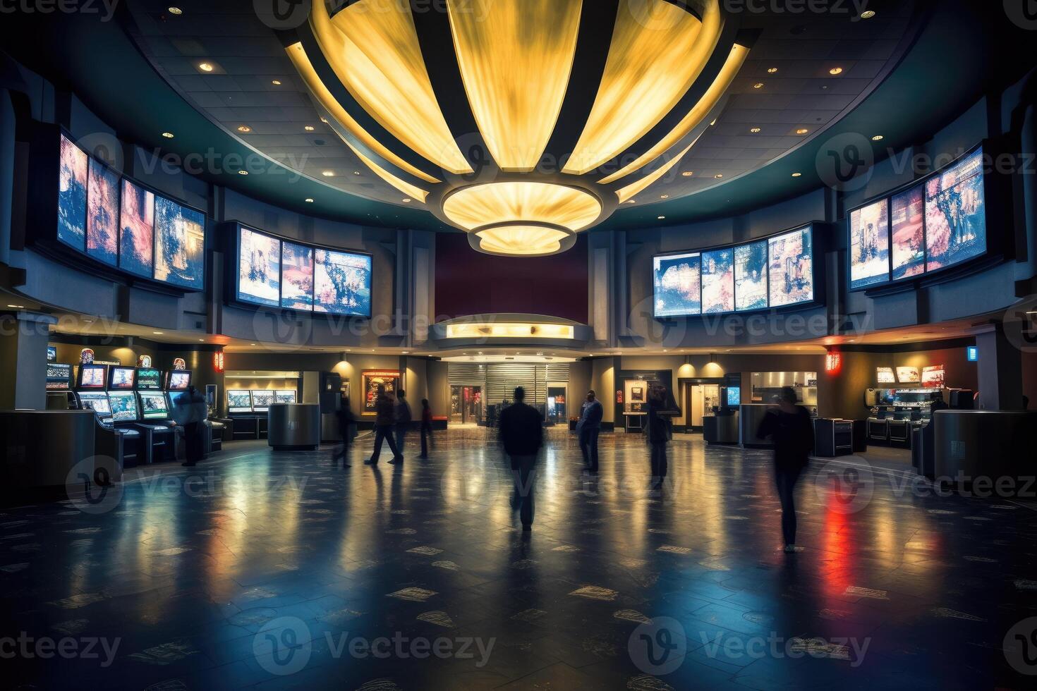 An establishing shot of a bustling movie theater lobby. Generative AI photo