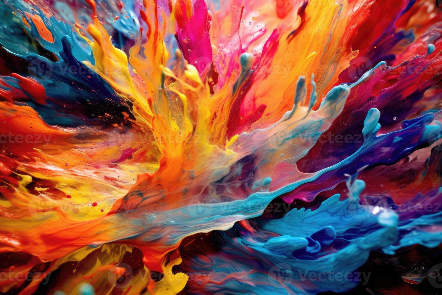 A vibrant and colorful abstract composition with flowing paint splashes. photo