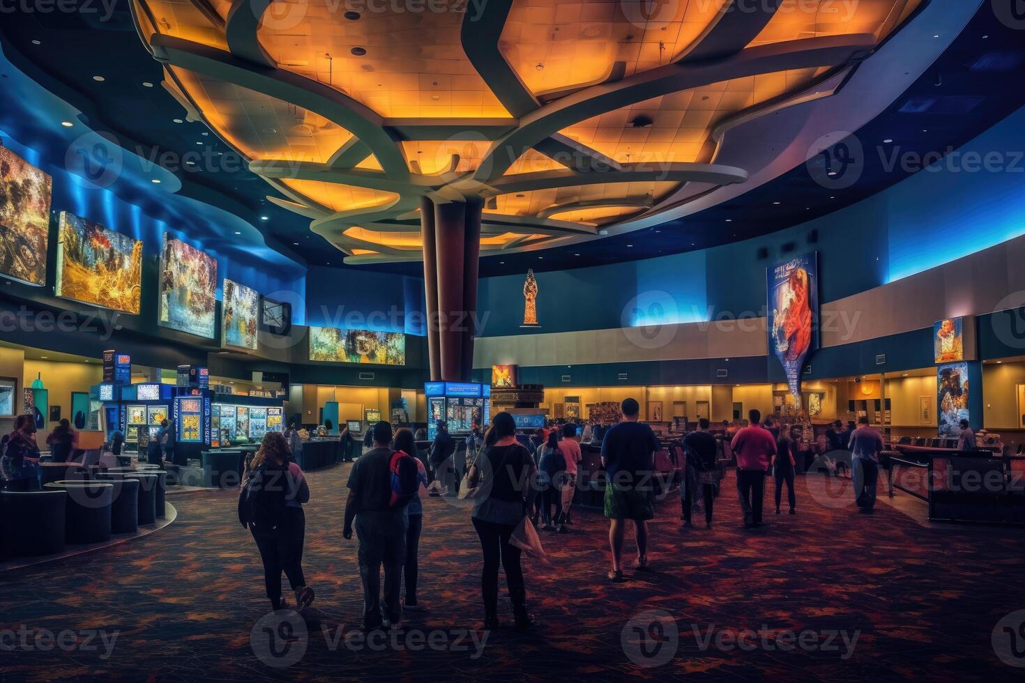 An establishing shot of a bustling movie theater lobby. Generative AI photo