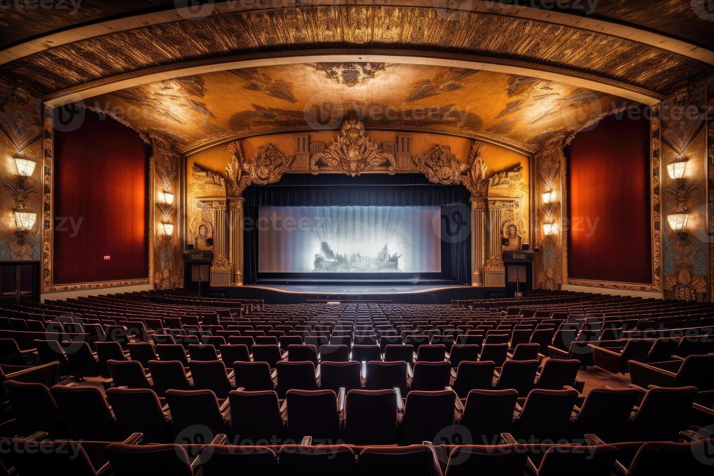 An atmospheric setting of an old - fashioned movie theater. The dimly lit auditorium, adorned with velvet drapes. photo