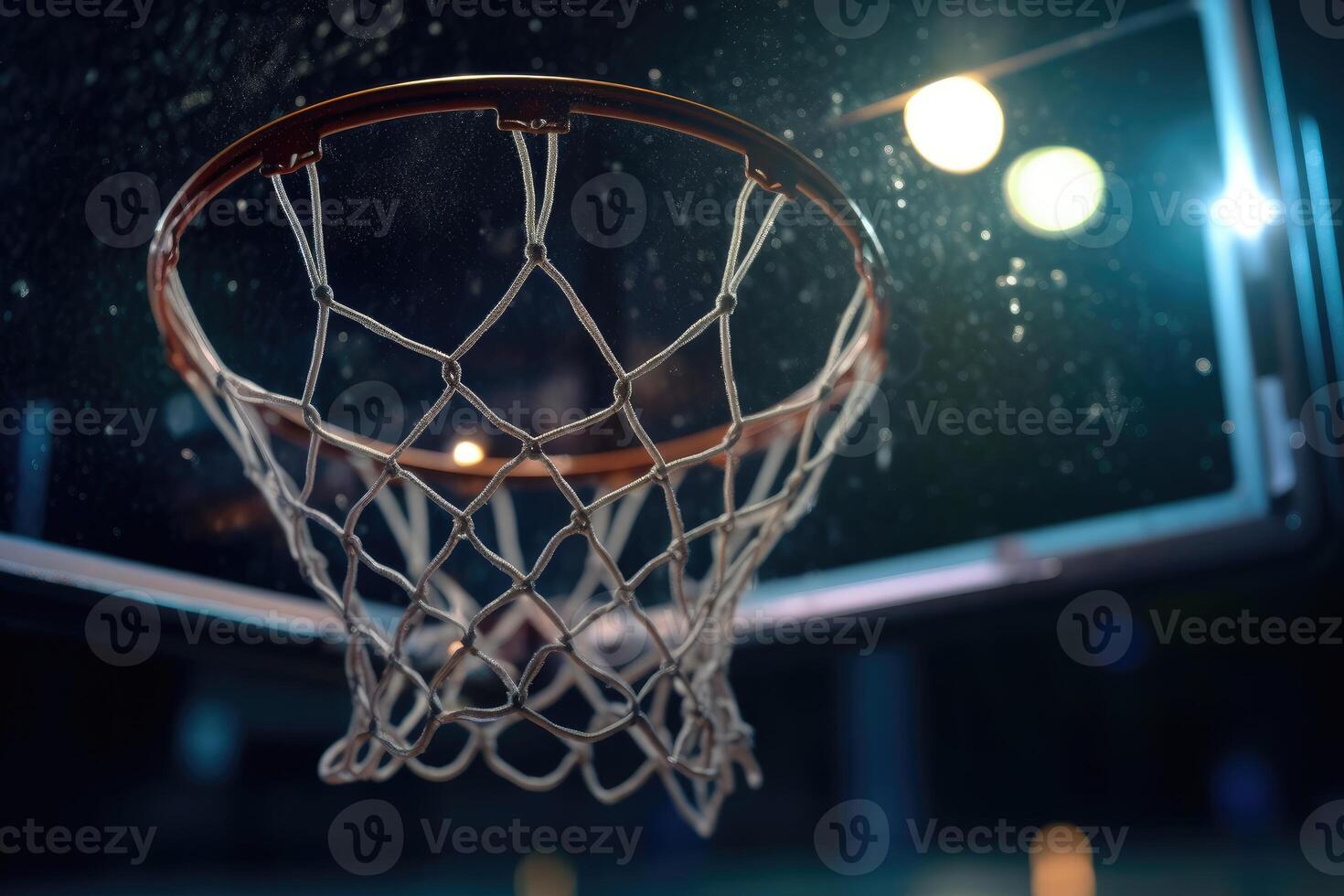 cerca - arriba ver de el baloncesto aro a un vacío urbano al aire libre Corte a noche. generativo ai foto