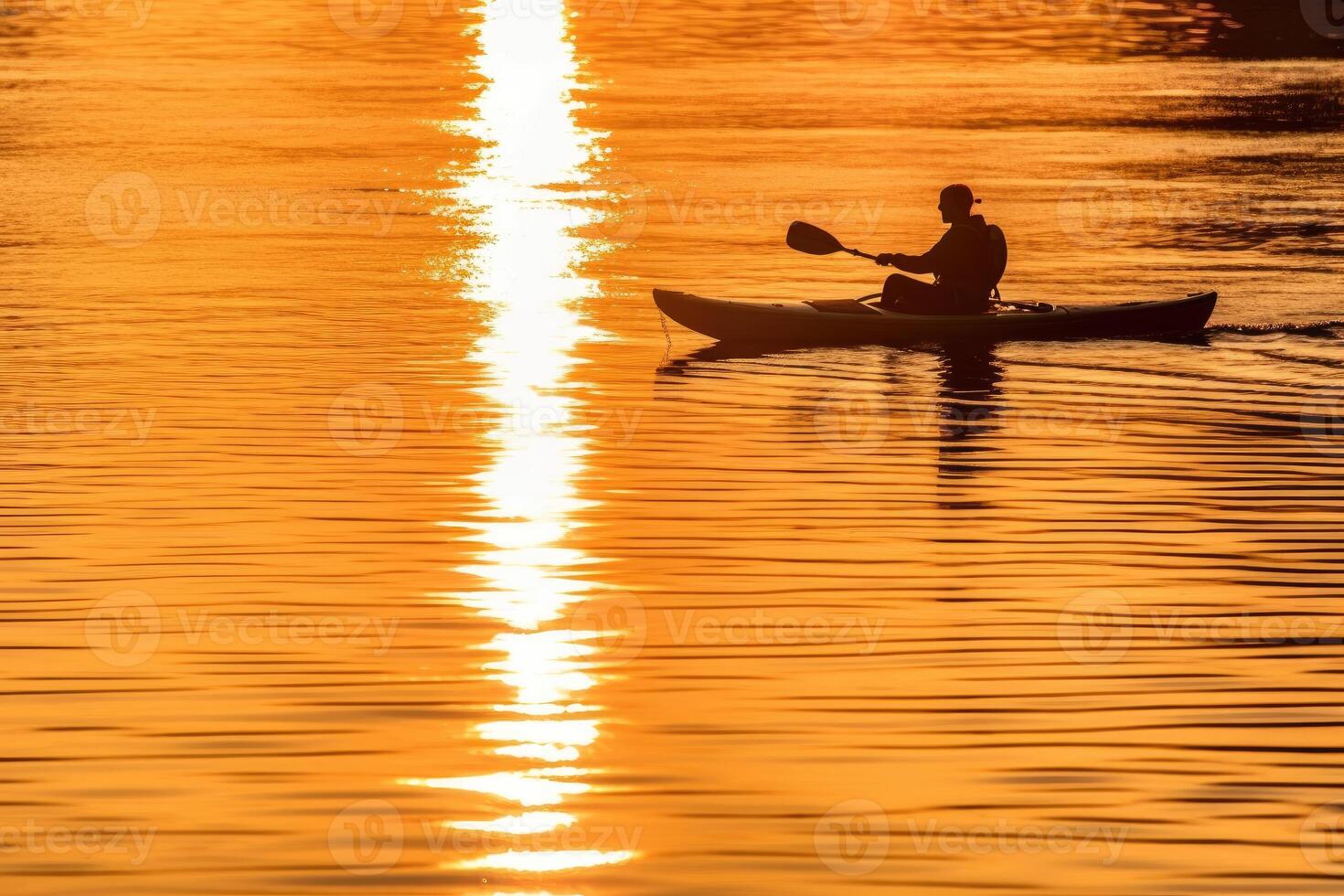 un tranquilo y dorado puesta de sol kayak experiencia. generativo ai foto