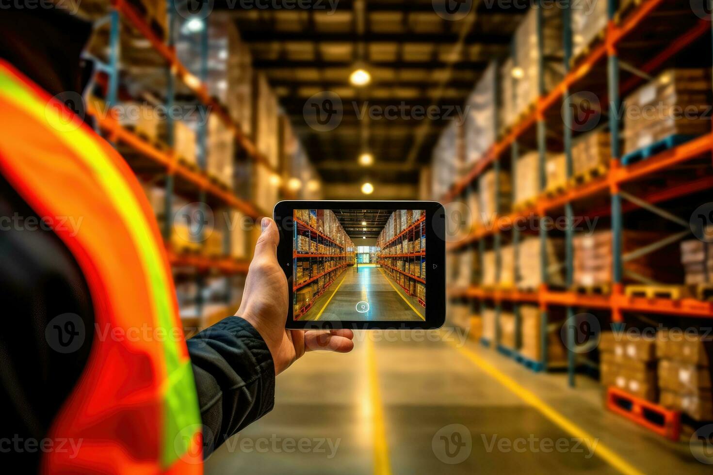 Close-up, a warehouse clerk holding a tablet checks the stock of products on the shelves. Generative AI photo