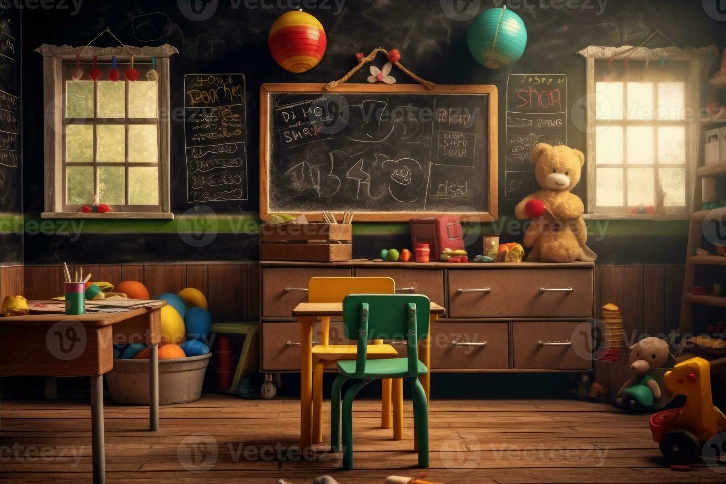 An adorable and atmospheric setting of a kindergarten classroom. Generative AI photo