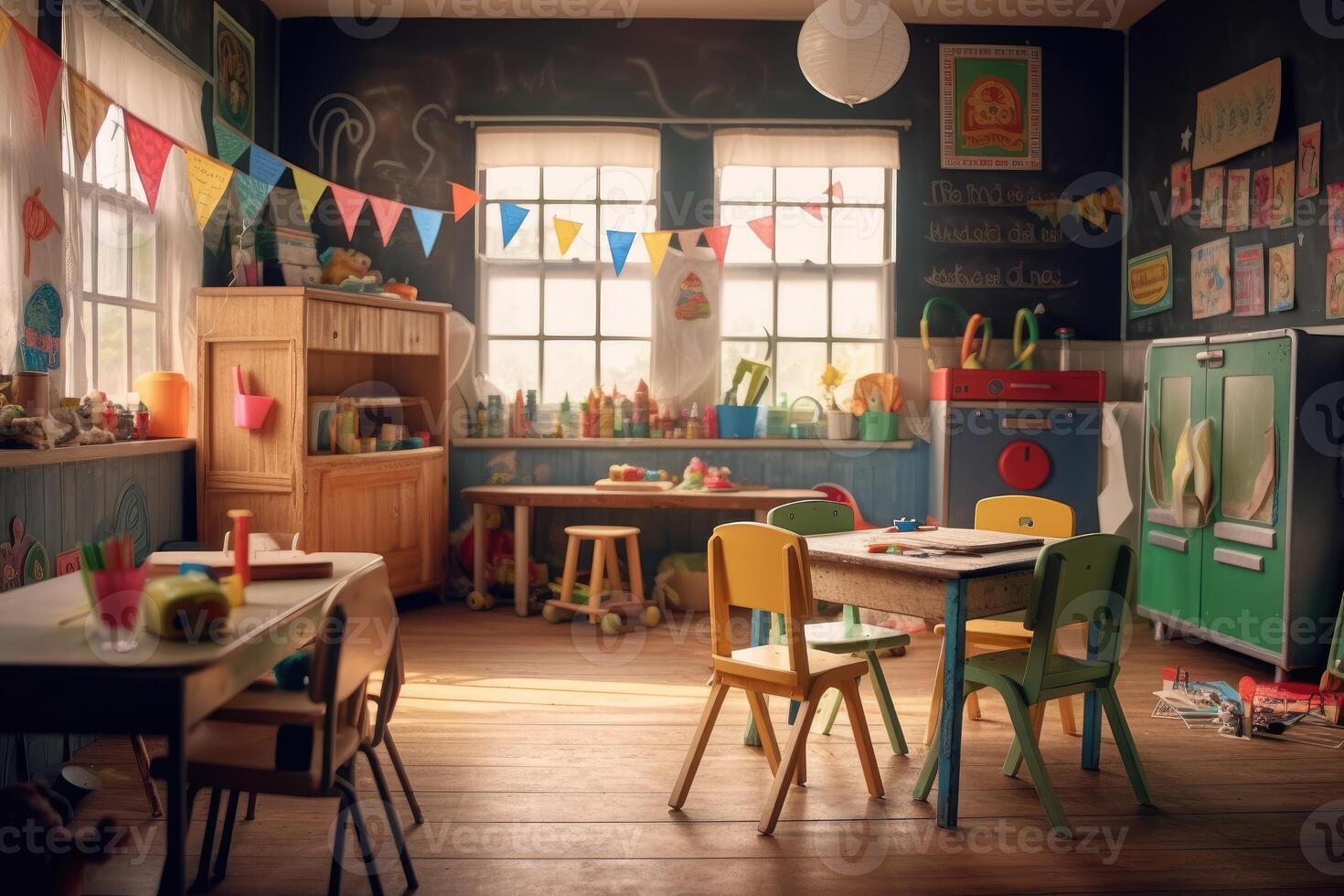 An adorable and atmospheric setting of a kindergarten classroom. photo