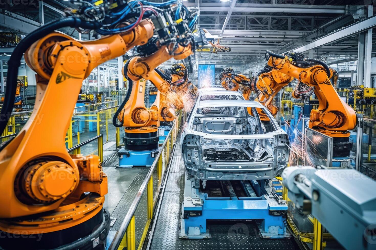 A close - up photo of a state - of - the - art assembly line in a car factory, showcasing the integration of automated robot arms and human workers.