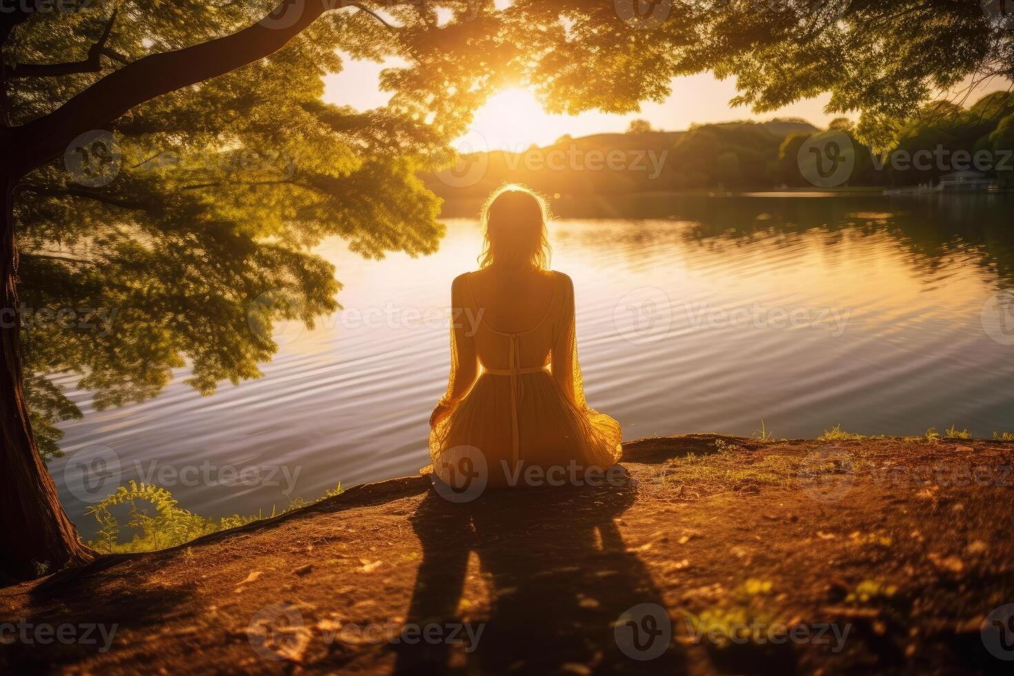 In this serene waterfront landscape, the tranquility of a woman immersed in the beauty of nature. photo