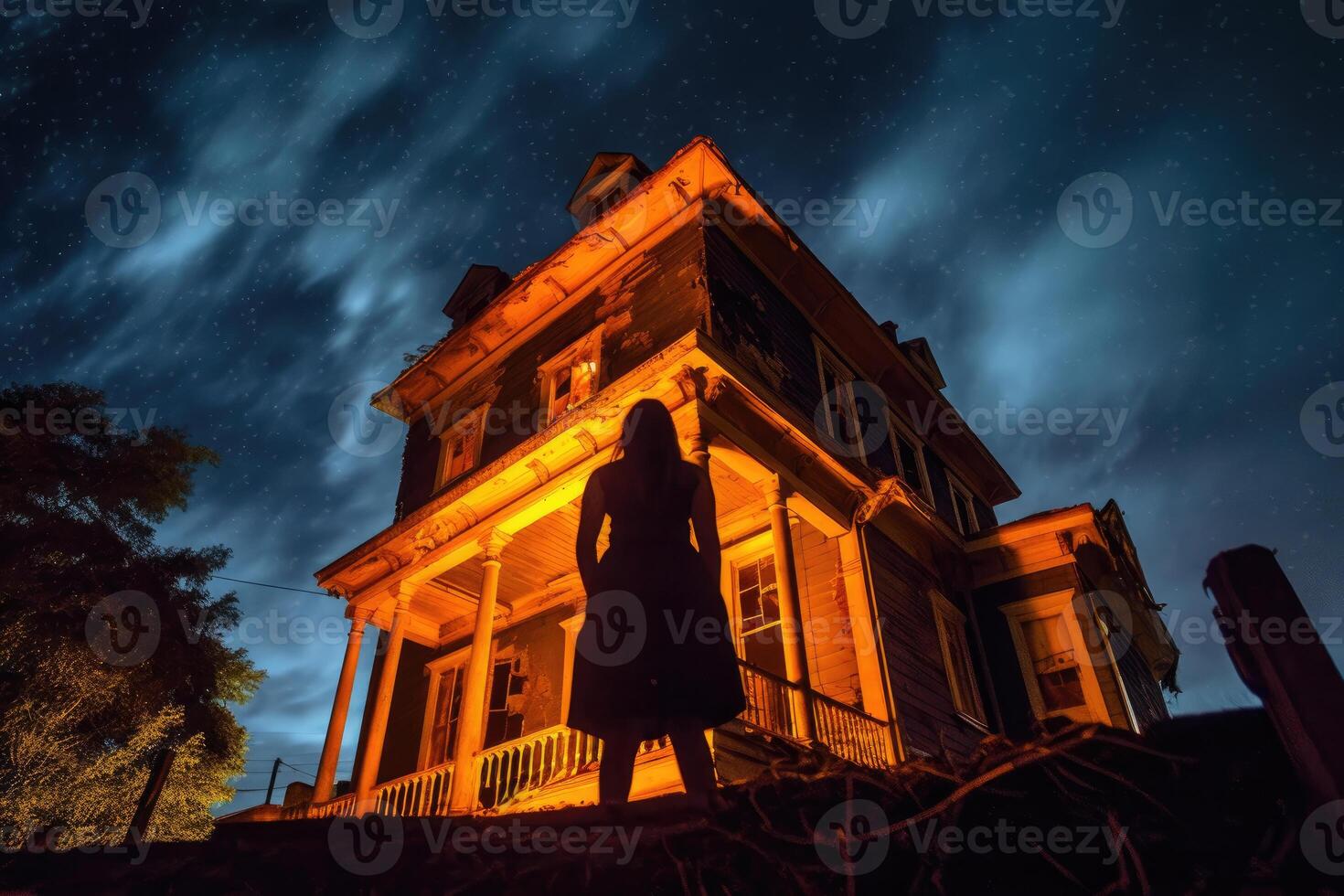 In this Halloween - themed photo, the ominous ambience of a haunted house. photo