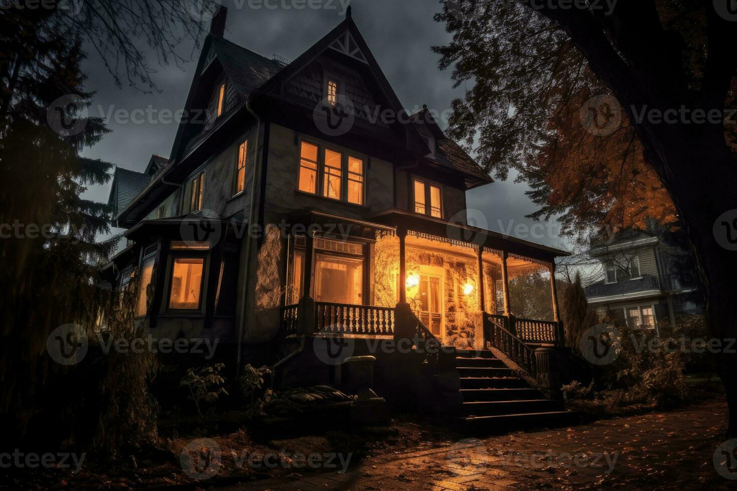 In this Halloween - themed photo, the foreboding atmosphere of a haunted house. Generative AI photo