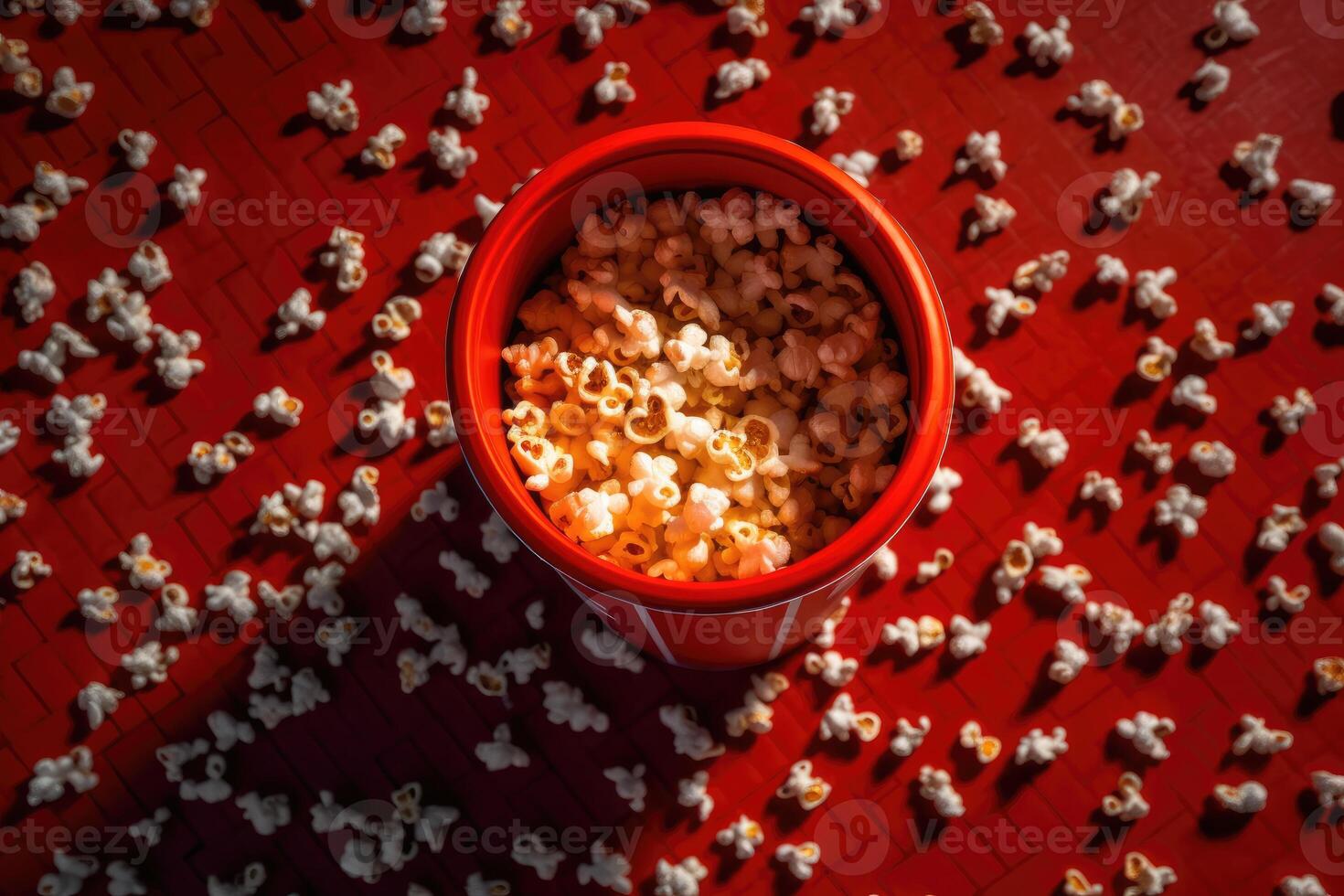 An overhead shot of a spilled popcorn tub on the cinema floor. photo