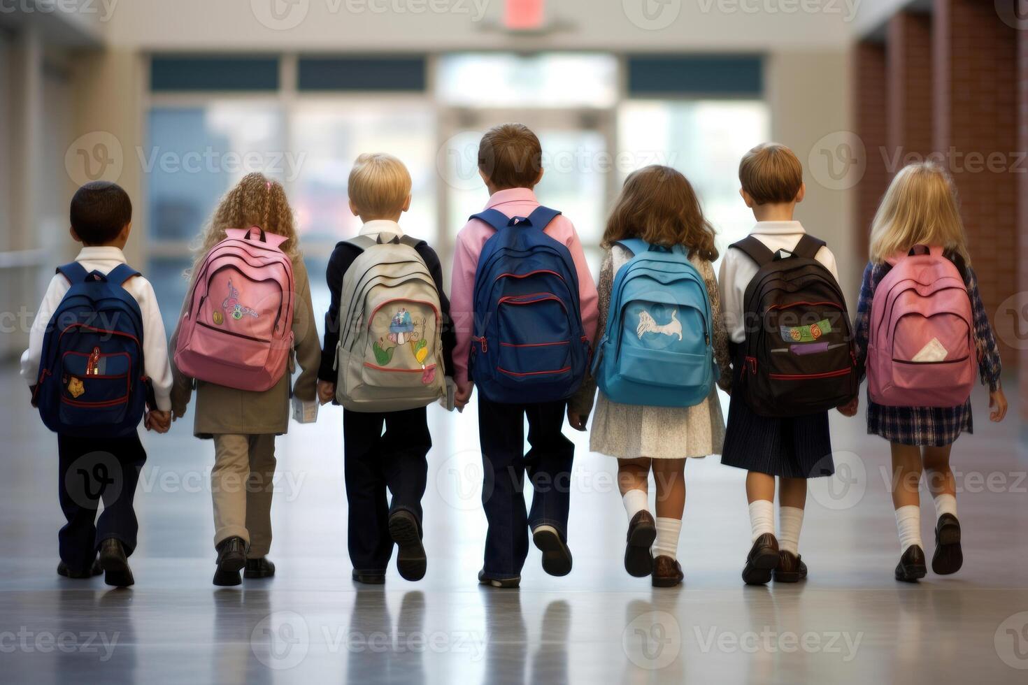 The back view of a group of diverse school children, their backpacks. photo
