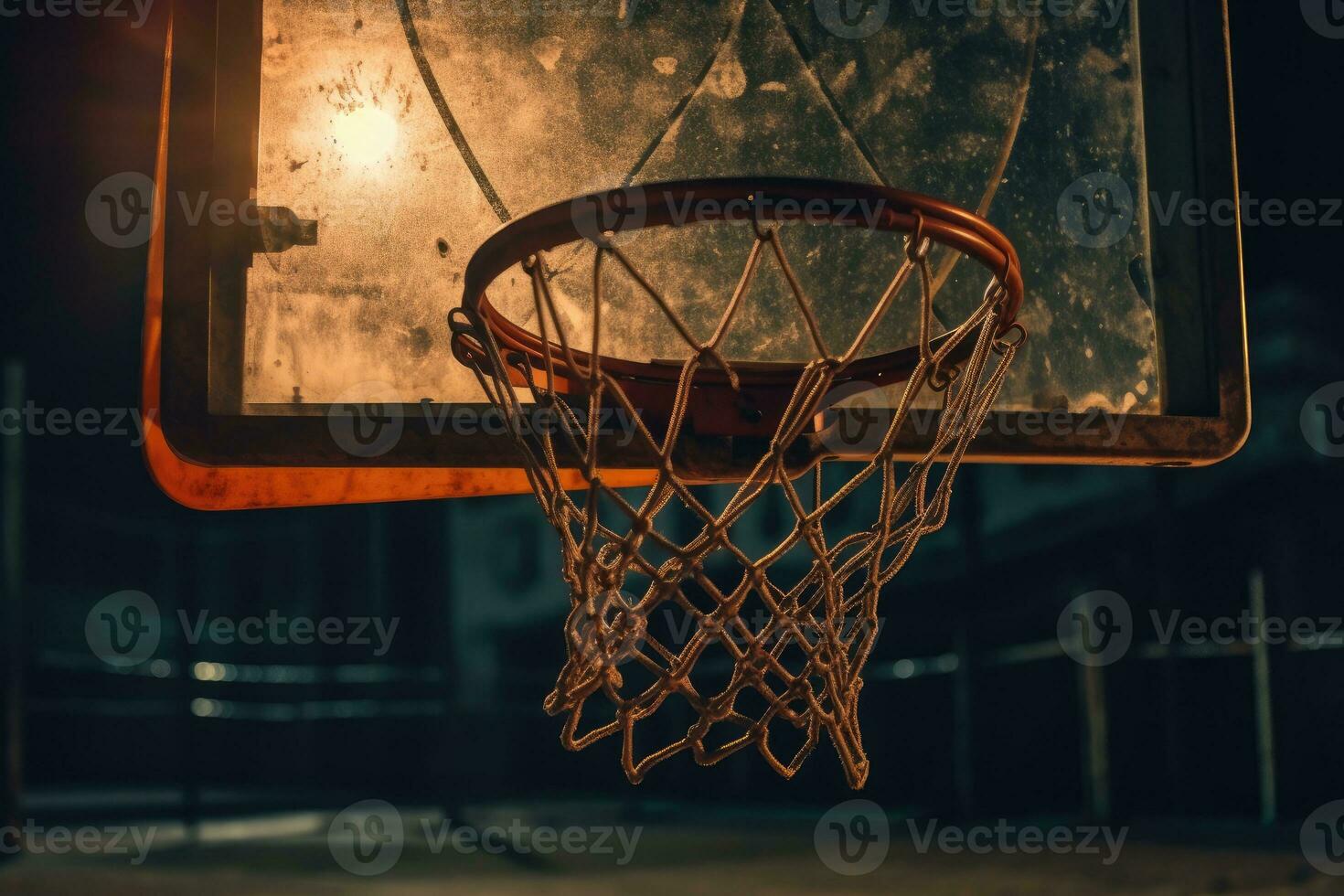Close - up view of the basketball hoop at an empty urban outdoor court at night. Generative AI photo