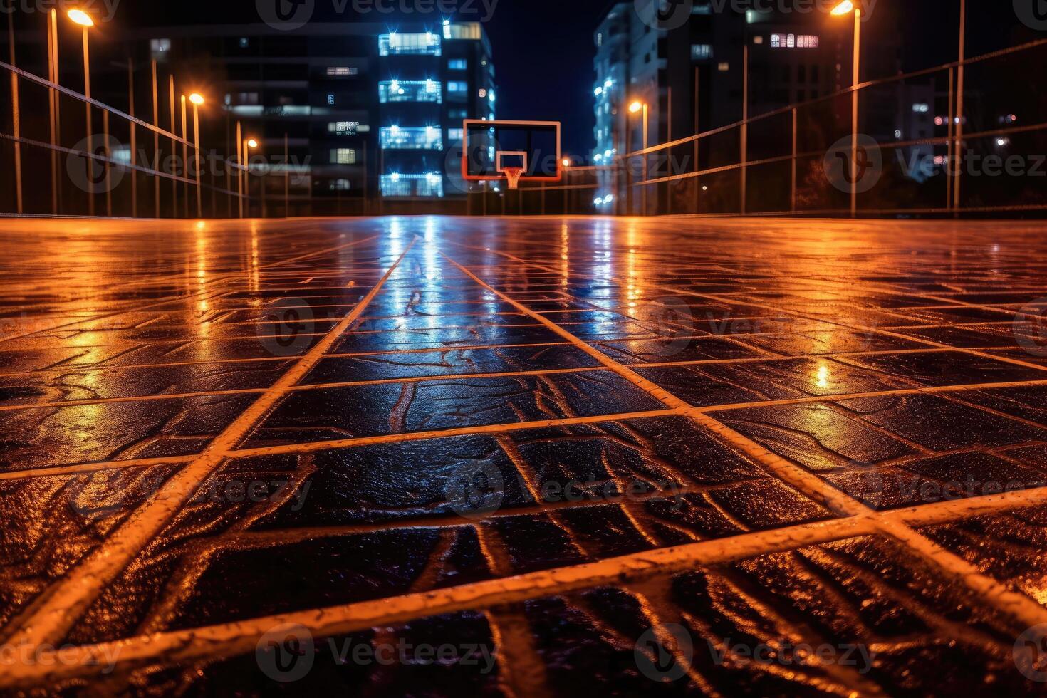 Empty urban outdoor basketball court at night with a wide - angle view. Generative AI photo