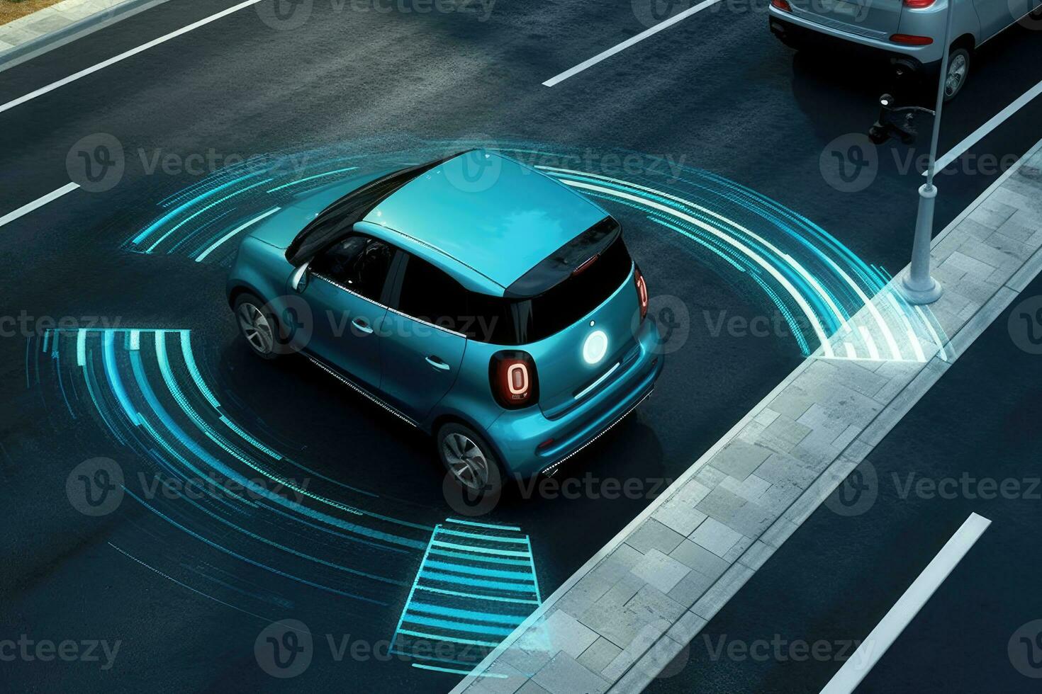 Close - up view of a smart car's radar system, which plays a vital role in autonomous driving. Generative AI photo
