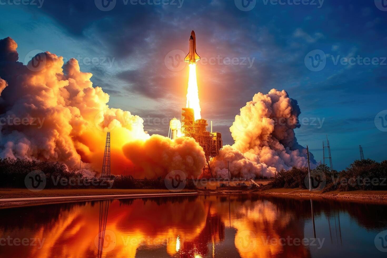 The excitement and wonder of a new space rocket lift - off with a close - up view. Generative AI photo