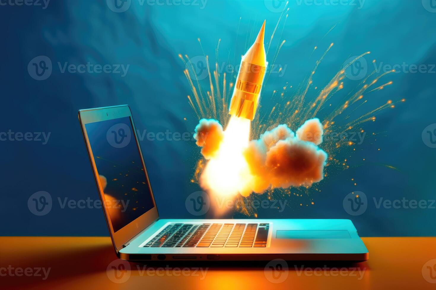 A rocket emerging from a laptop screen in front of a vibrant blue background. photo