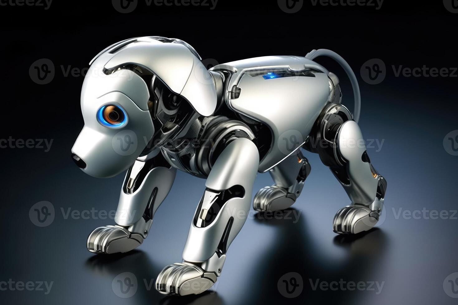 Close - up shot. A futuristic robot dog, combining advanced technology with a sleek design. photo