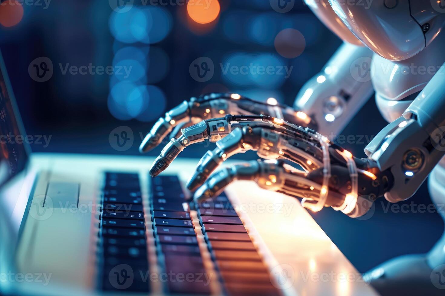 Close - up photo. A futuristic robot in typing with a laptop. photo