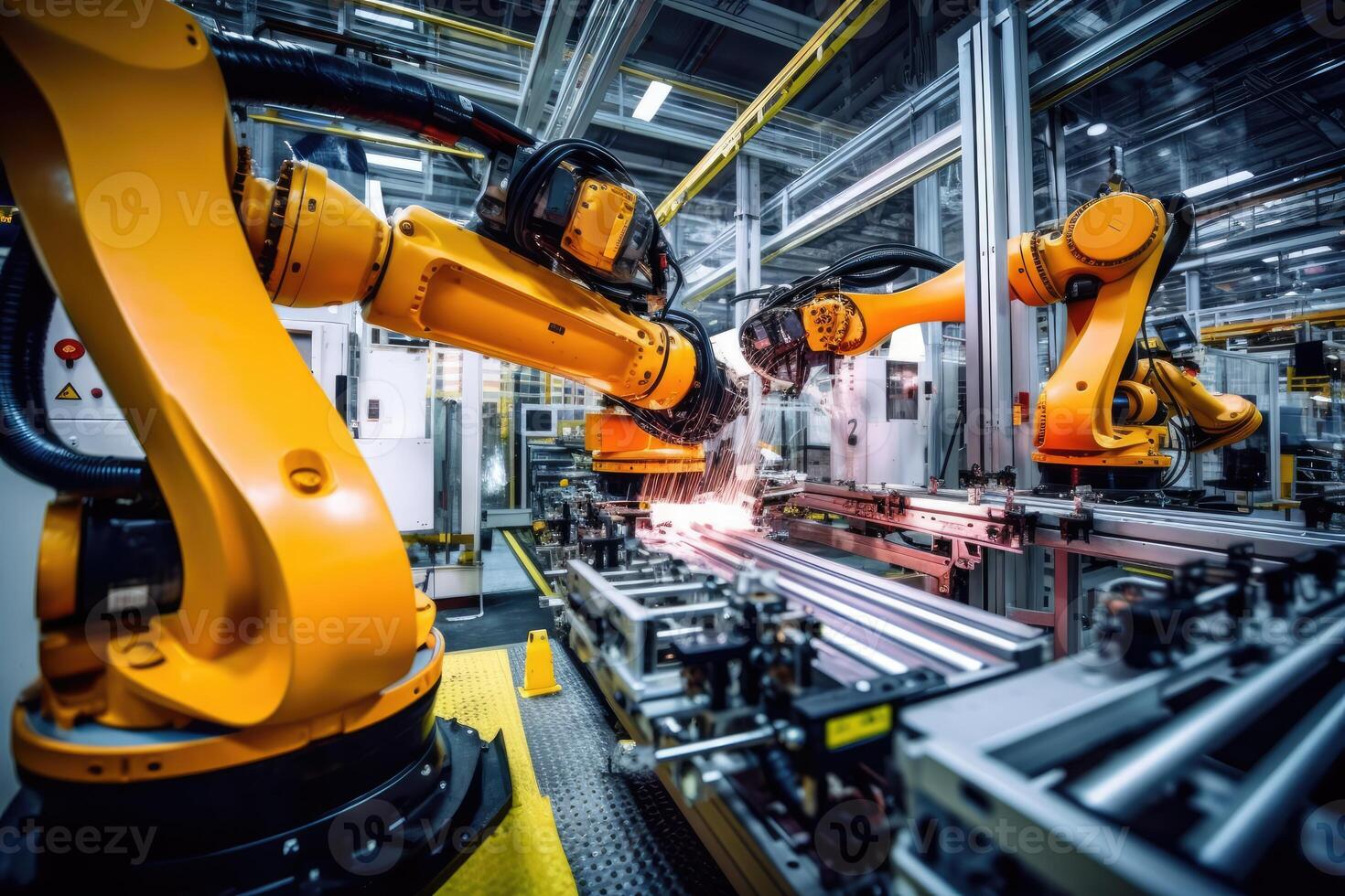 Robotic arms on a large production line in a modern bright factory with a wide angle shot. photo