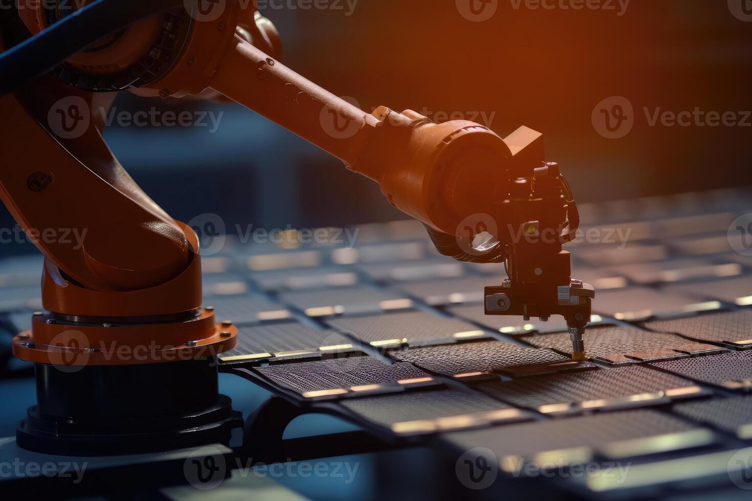 Robotic arms on a large production line in a modern bright factory with a wide angle shot. photo