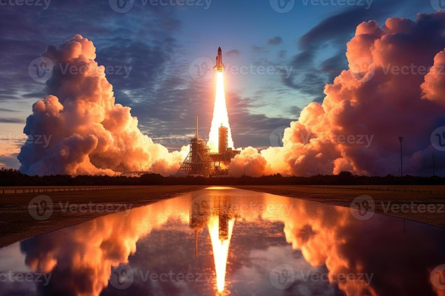 The excitement and wonder of a new space rocket lift - off with a close - up view. Generative AI photo