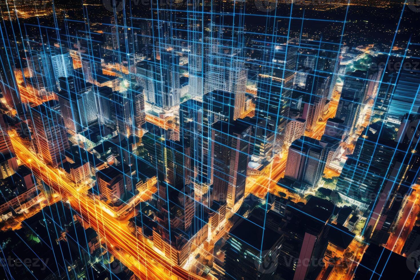 Close-up photo of night cityscape symbolizing fast network and connection technology.