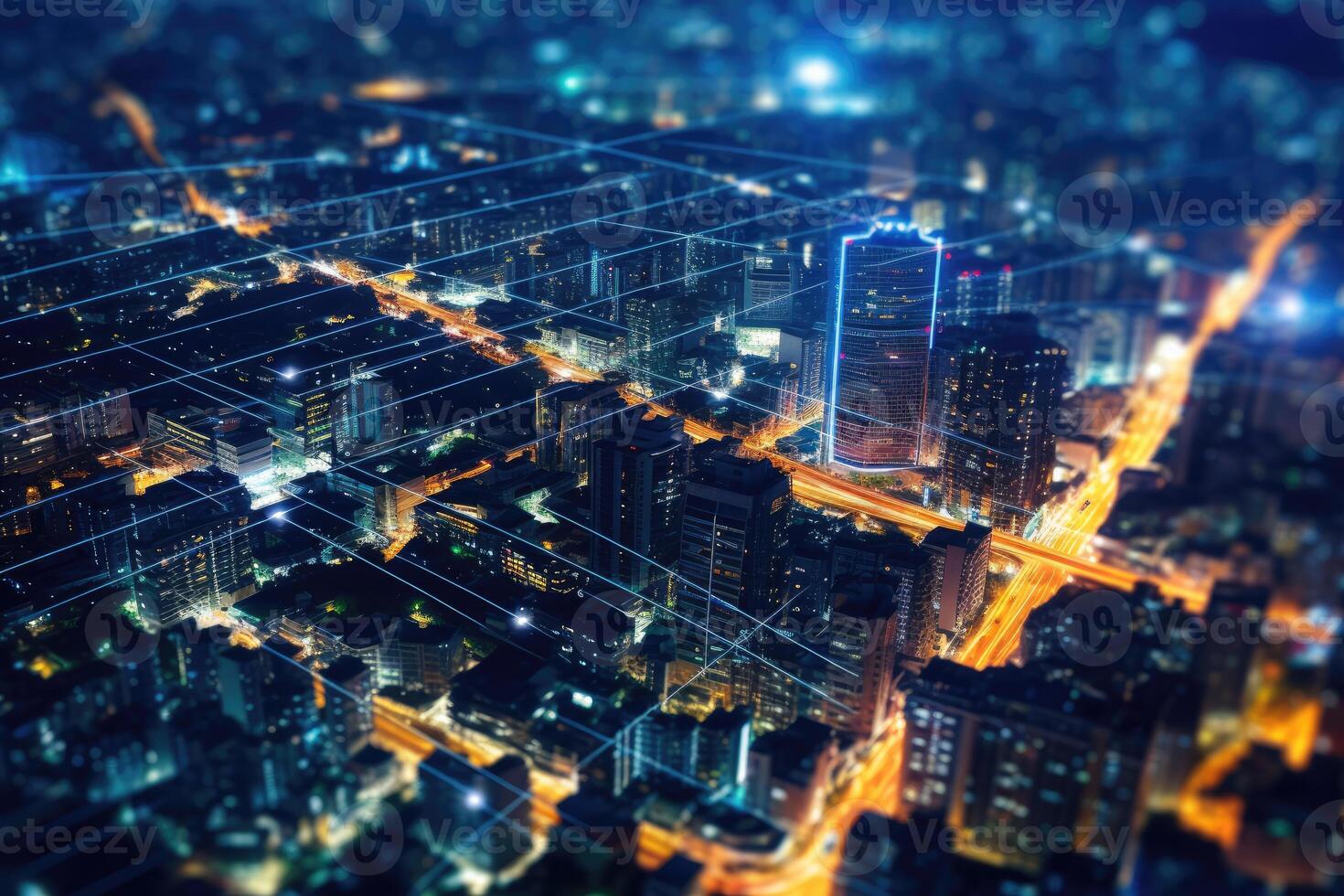 Close-up photo of night cityscape symbolizing fast network and connection technology.