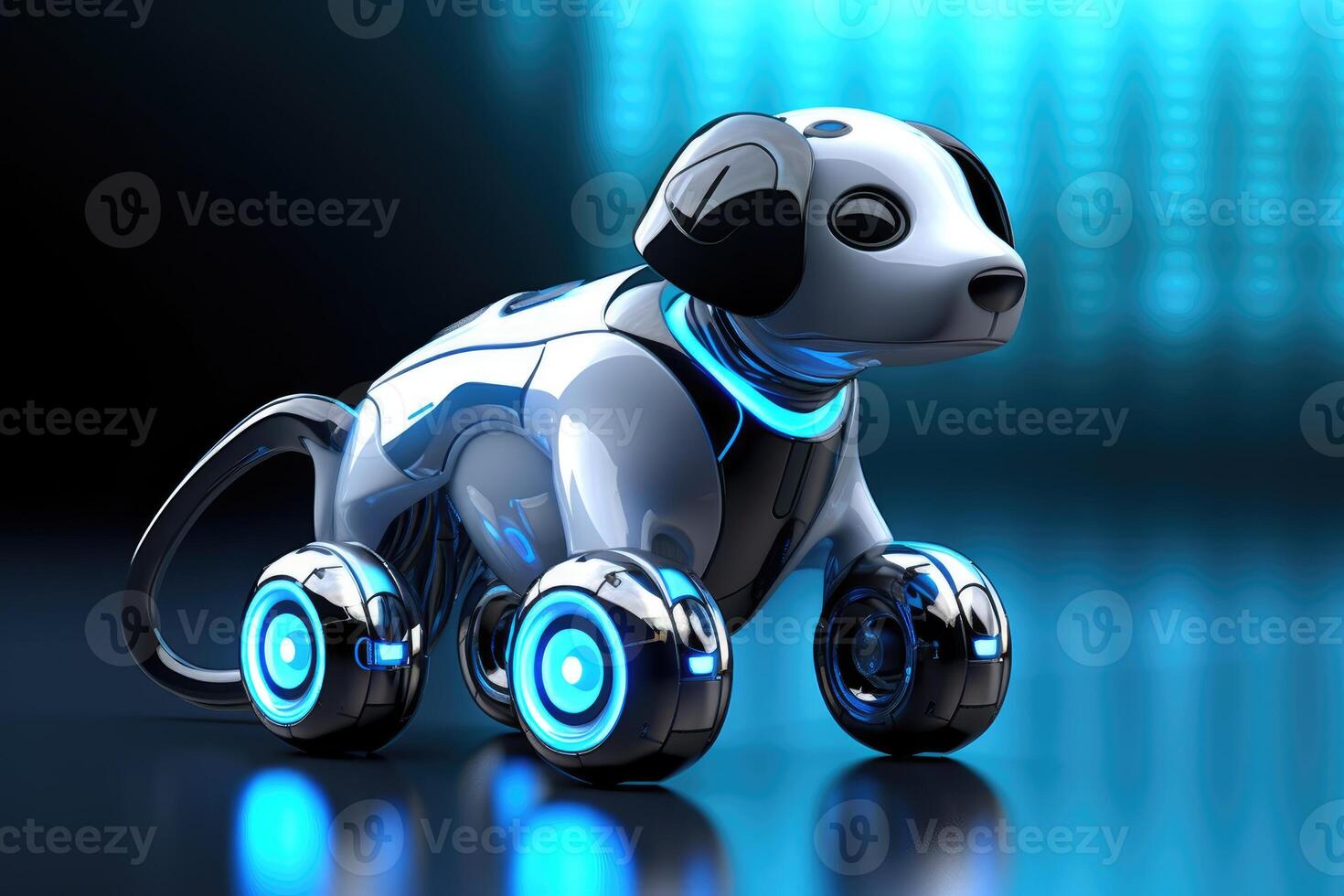 Close - up shot. A futuristic robot dog, combining advanced technology with a sleek design. photo