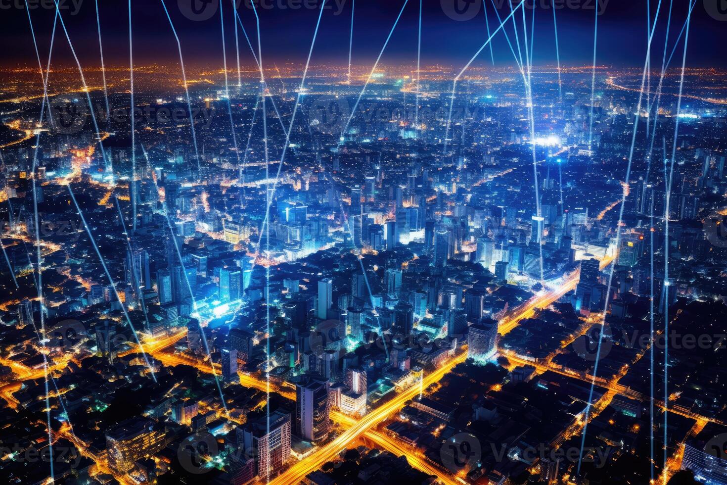 Close-up photo of night cityscape symbolizing fast network and connection technology.
