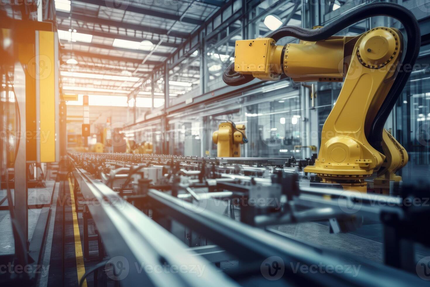 Robotic arms on a large production line in a modern bright factory with a wide angle shot. photo