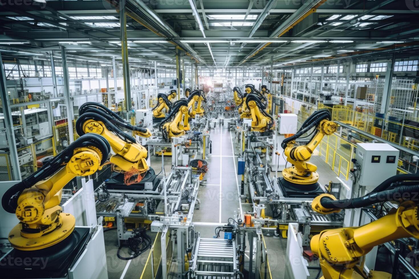 Robotic arms on a large production line in a modern bright factory with a wide angle shot. photo