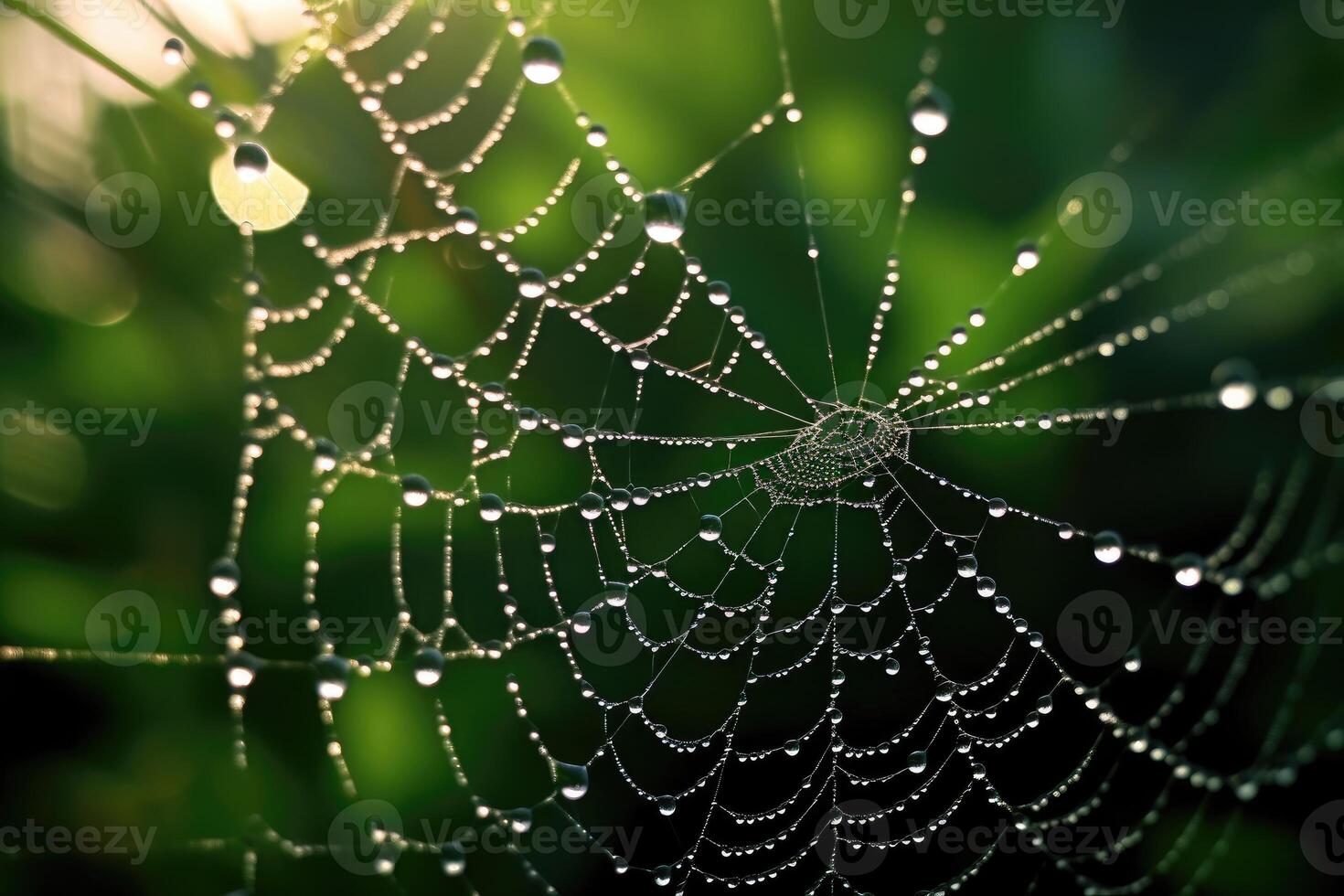 The detail of a dew - laden spider web in the early morning. photo