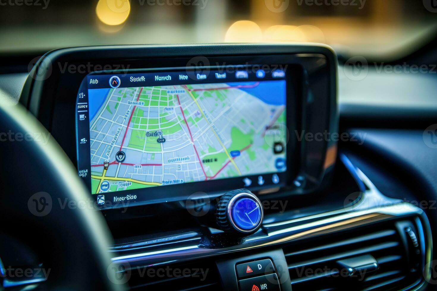 Close-up shot of navigation map on a car's multimedia screen. Generative AI photo