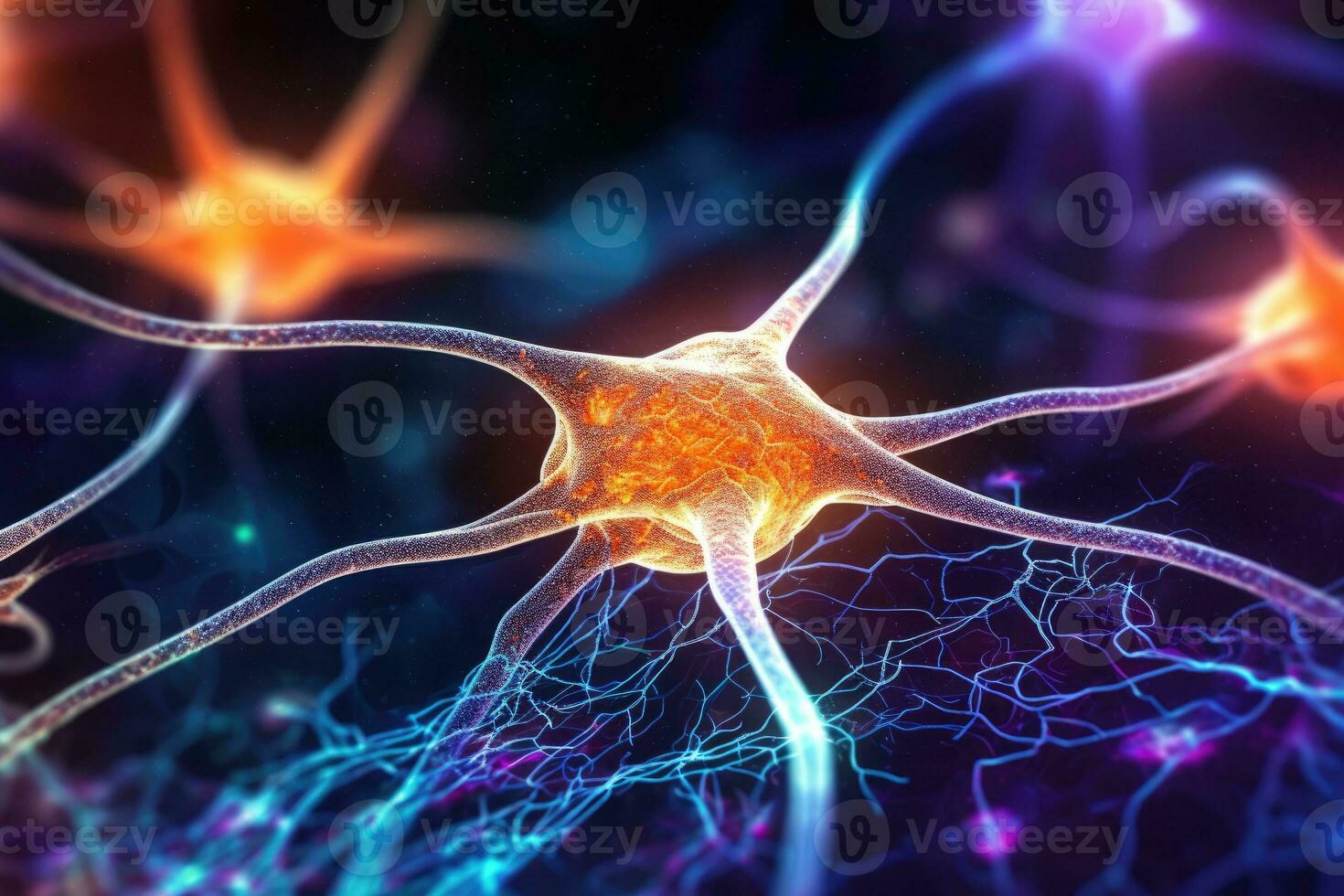 A close - up photo of interconnected neurons cells against a dark background. Generative AI