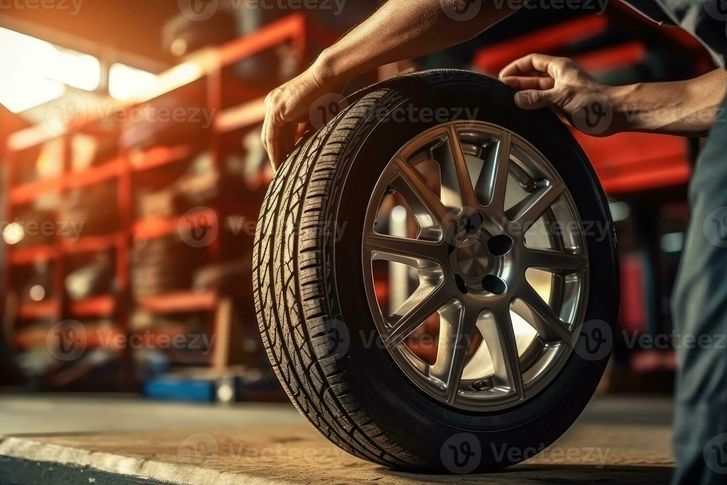 Close - up view of a mechanic at work, changing tires and wheels in a service center. Generative AI photo