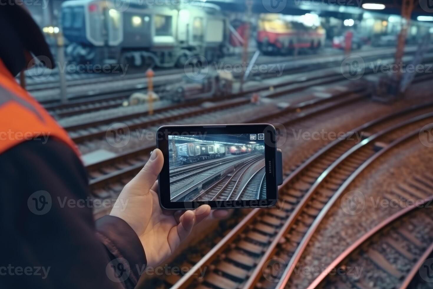 A close - up shot of an engineer using a tablet to check and analyze the data systems of a track on the railway network. photo