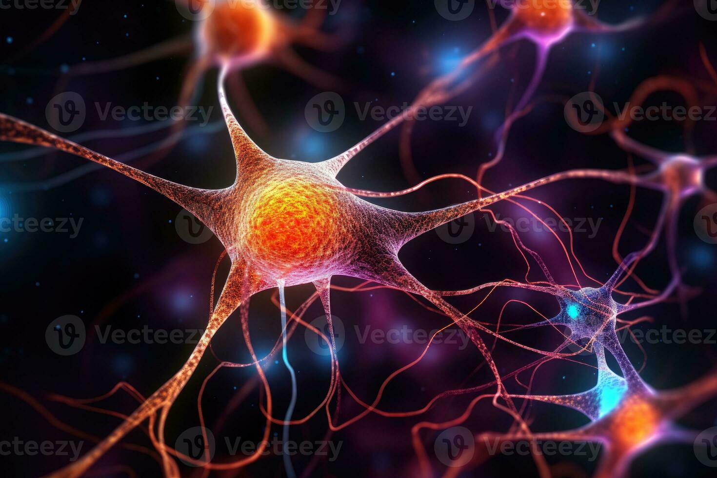 A close - up photo of interconnected neurons cells against a dark background. Generative AI