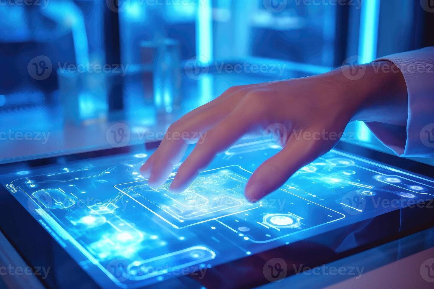 A detailed close - up photograph of a medicine doctor's hand interacting with an electronic medical record displayed on a tablet. photo