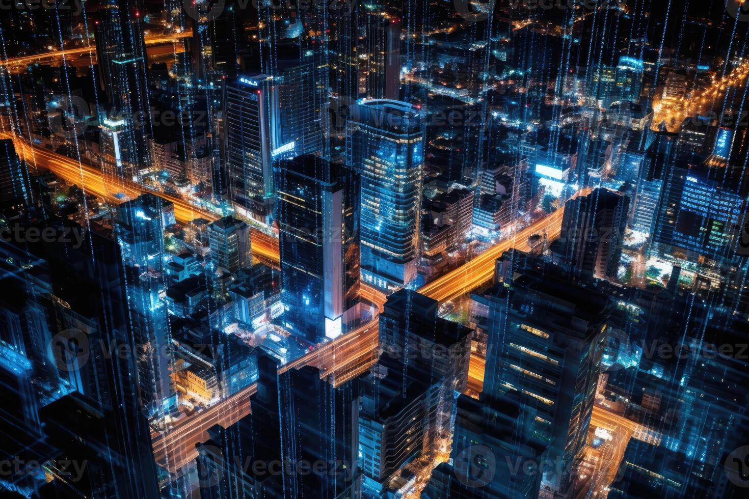 Close-up photo of night cityscape symbolizing fast network and connection technology.