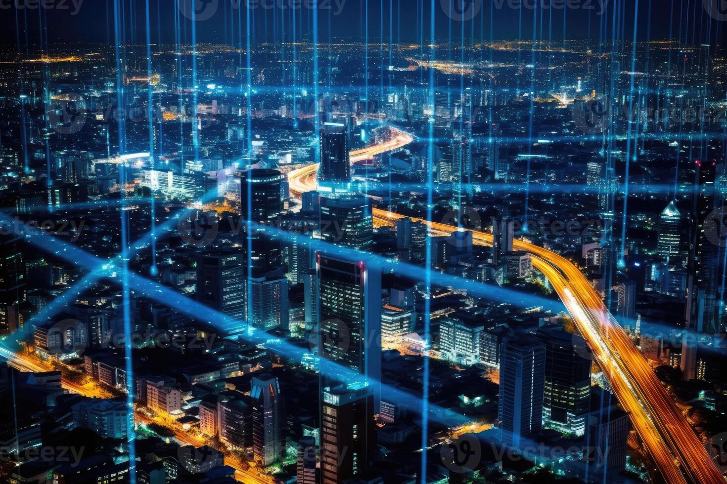 Close-up photo of night cityscape symbolizing fast network and connection technology.