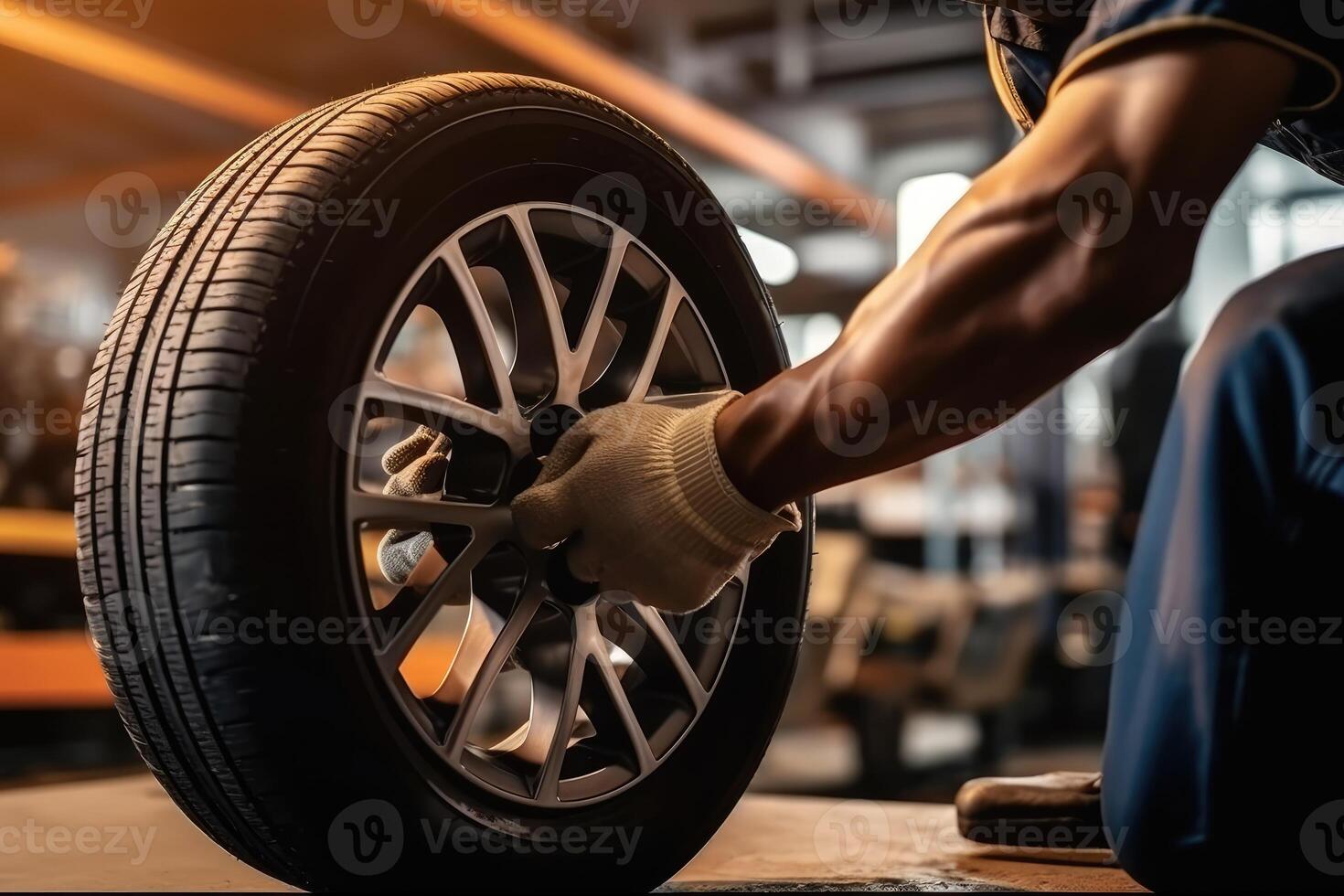 Close - up view of a mechanic at work, changing tires and wheels in a service center. photo